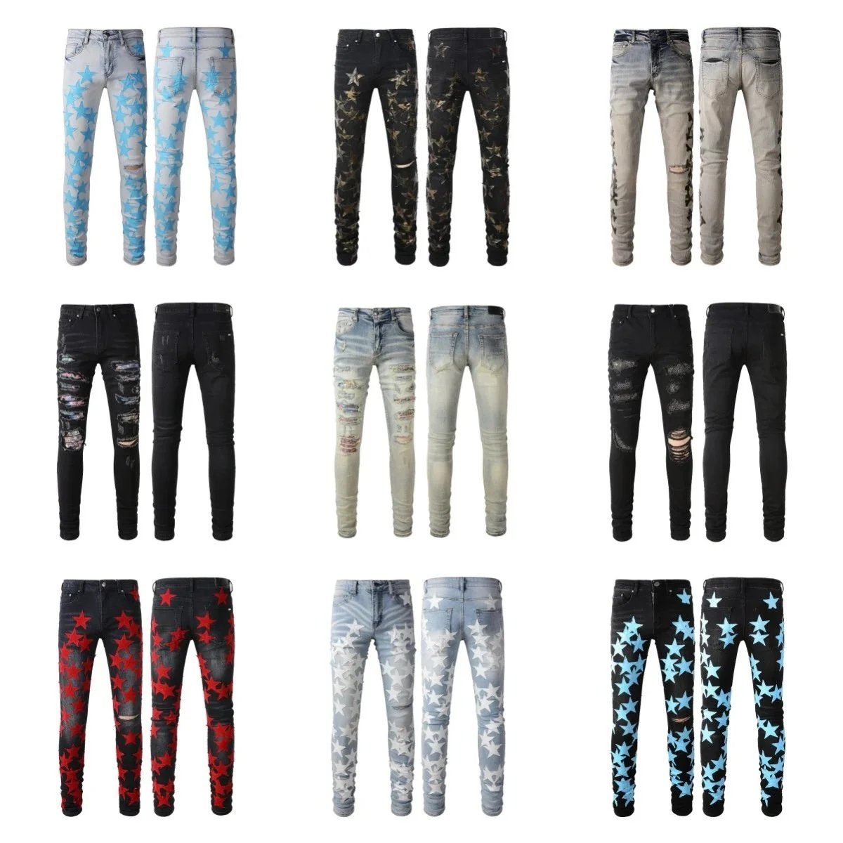 Design Distressed Star Print Slim Fit Jeans Multicolor