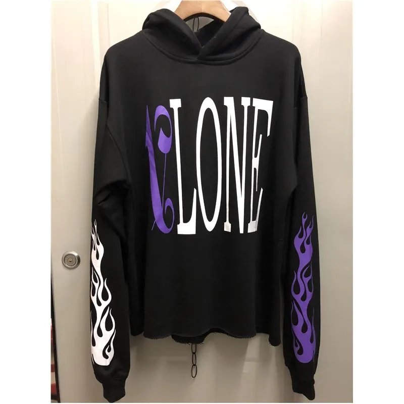 VLONE Flame Print Graphic Streetwear Hoodie Black