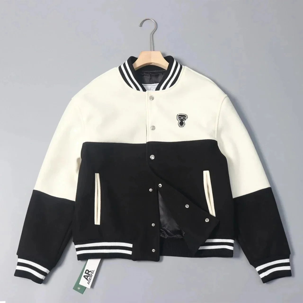 Karl Lagerfeld Varsity Jacket Colorblock Streetwear Jacket Black and White
