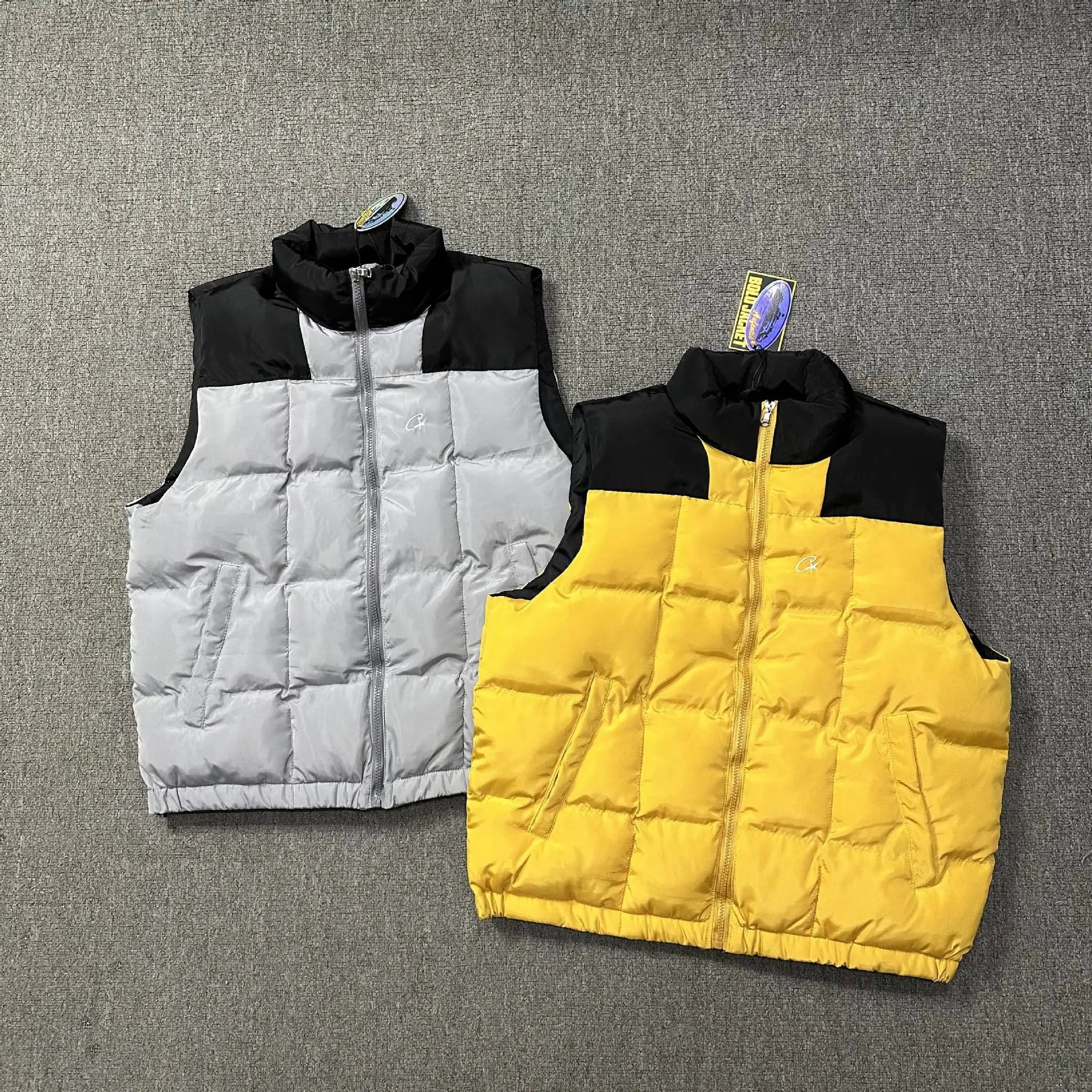 Design Puffer Vest Colorblock Sleeveless Jacket Gray and Yellow