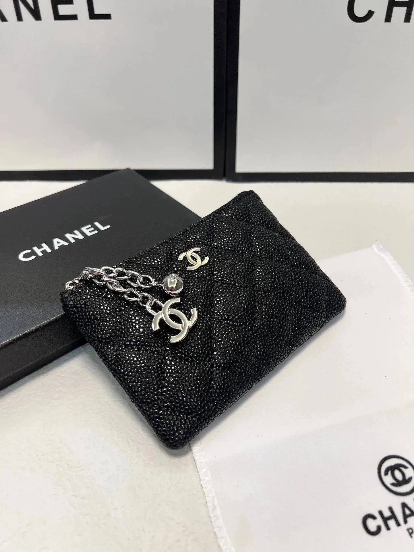Chanel Quilted Caviar Card Holder Elegant Accessory Black