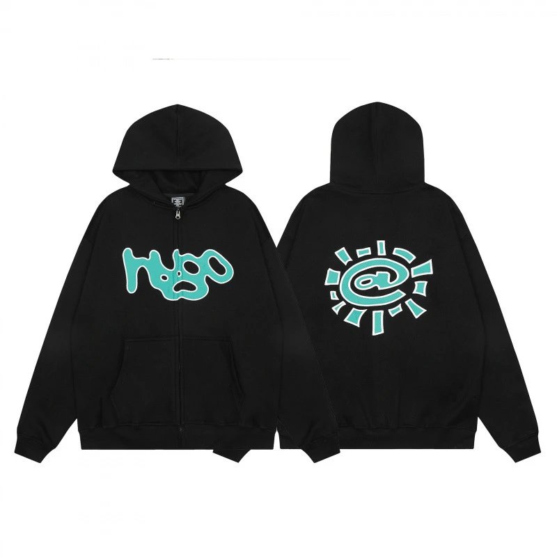 Design Graphic Print Oversized Zip-Up Hoodie Black
