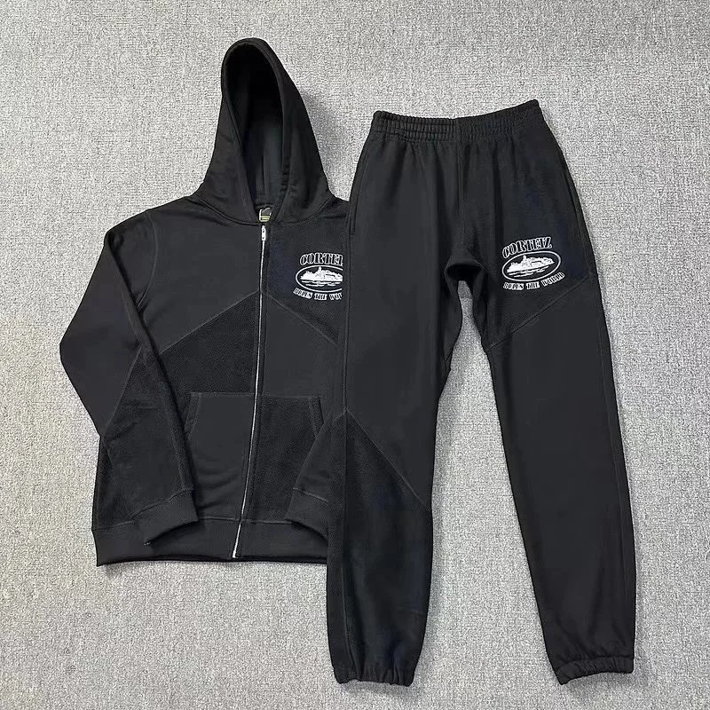 Corteiz Rules The World Graphic Streetwear Tracksuit Set Black