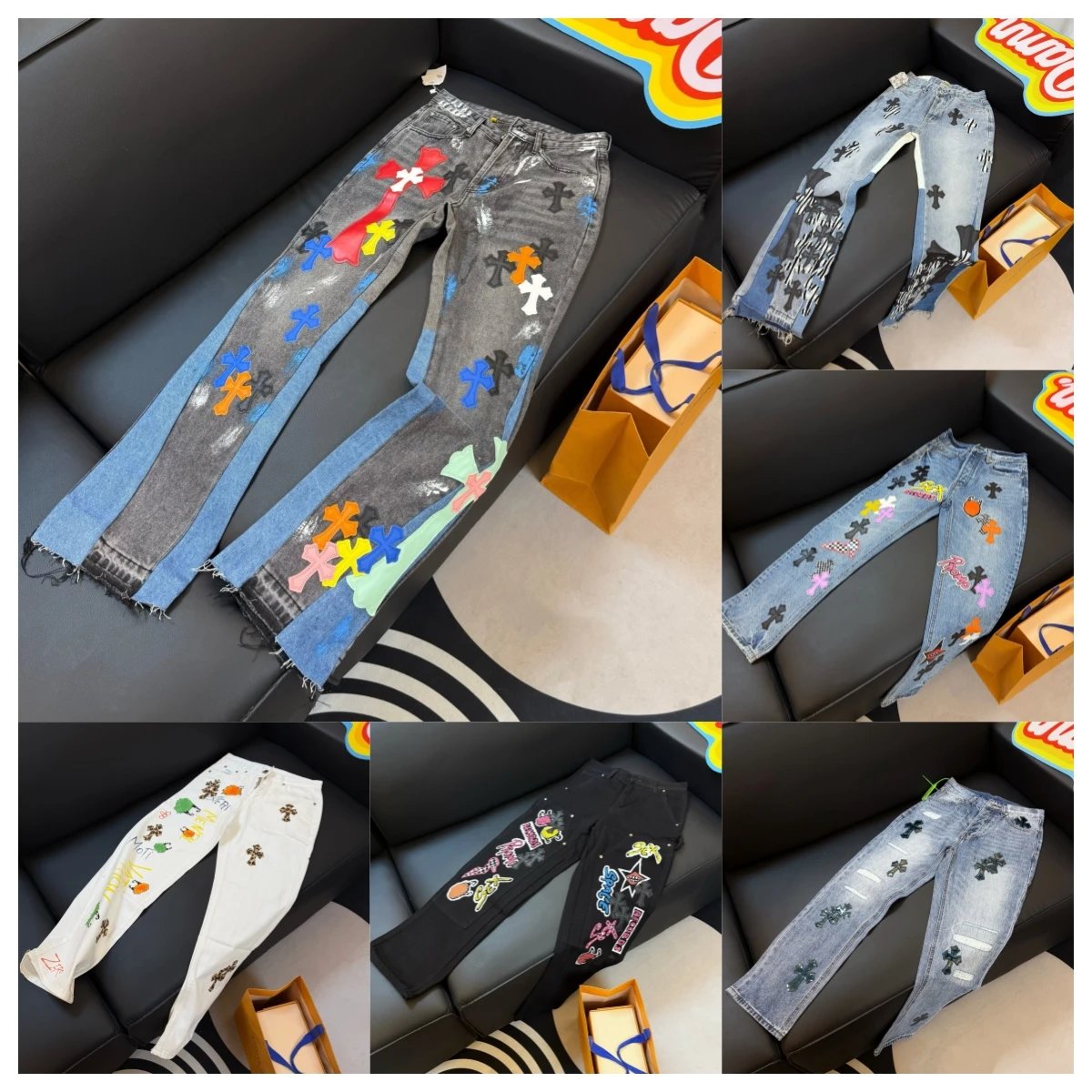 Chrome Hearts Cross Patch Denim Jeans Streetwear Pants Multicolor