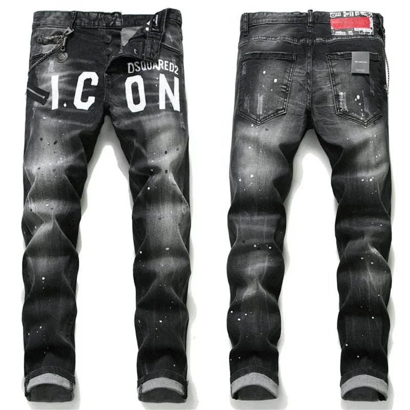 DSQUARED2 ICON Paint Splatter Distressed Jeans Black