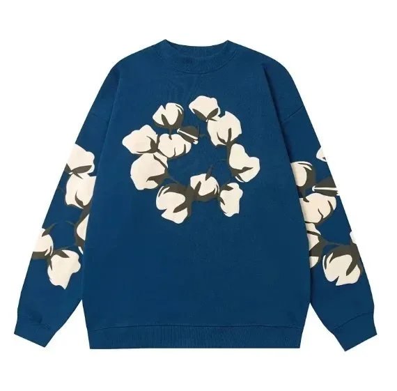 Design Cotton Flower Print Oversized Crewneck Sweatshirt Blue