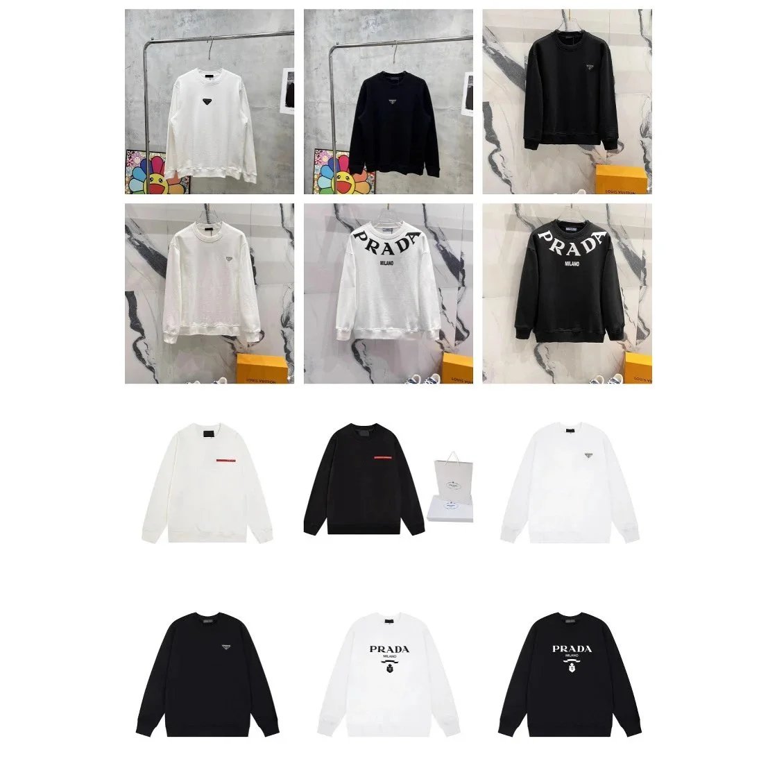 Prada Graphic Cotton Crewneck Sweatshirt Black and White