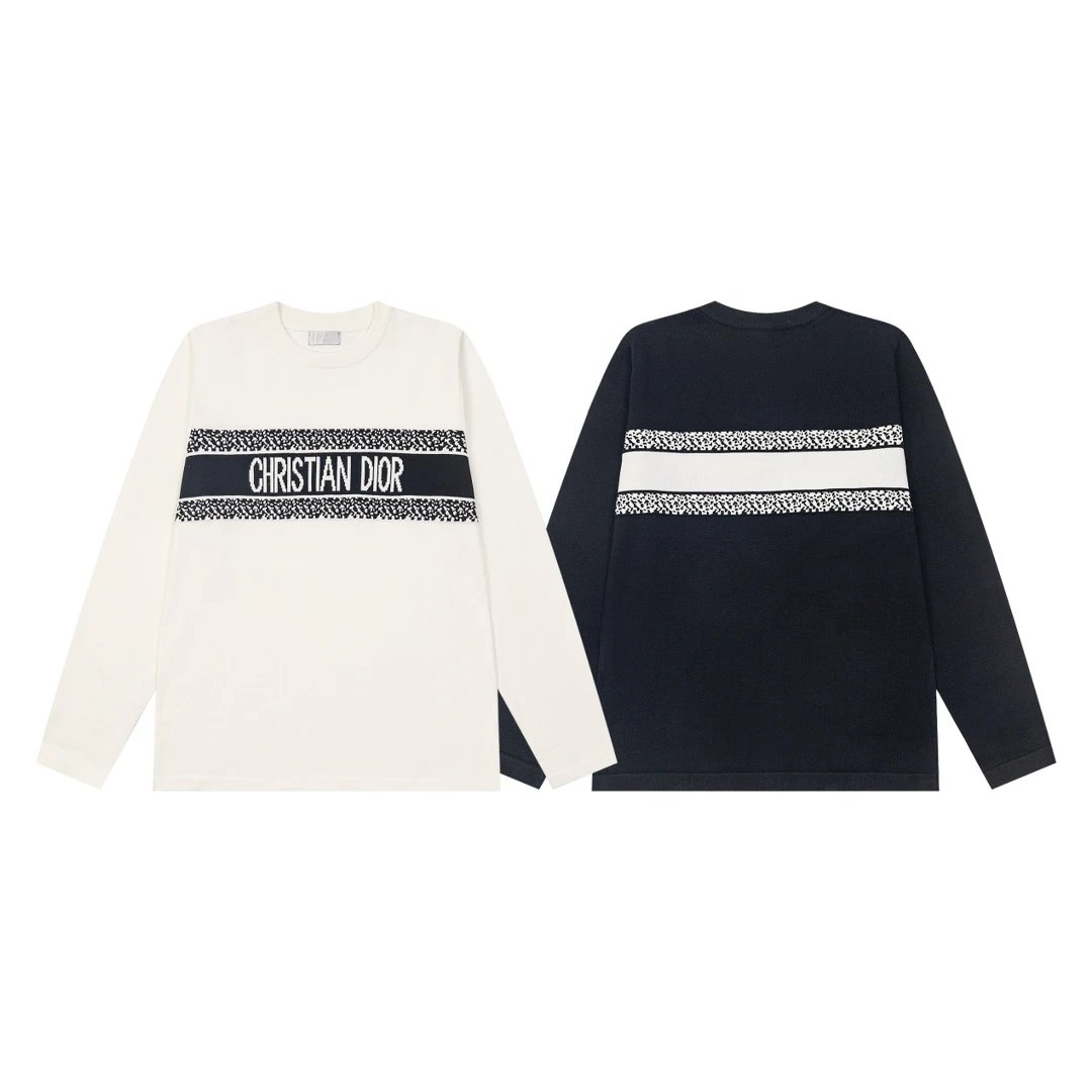 Christian Dior Striped Knit Sweater Oversized Crewneck White and Navy