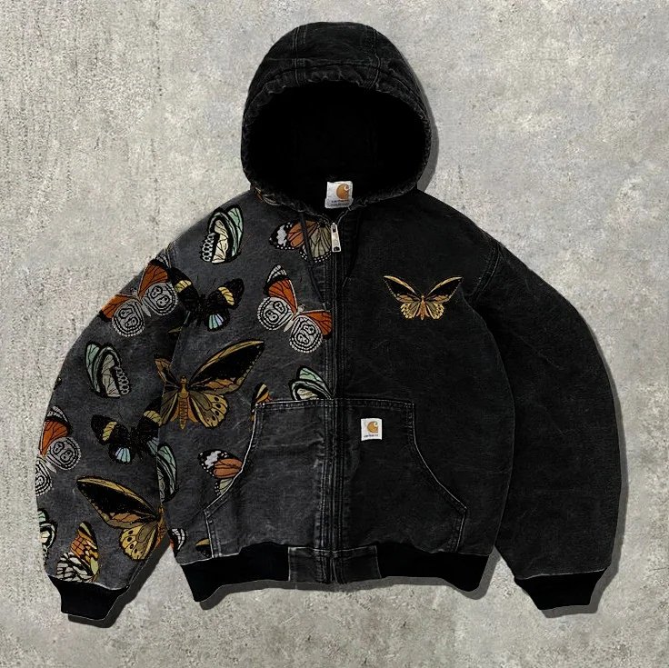 Carhartt Active Jacket Butterfly Custom Vintage Streetwear Zip-Up Hoodie Black