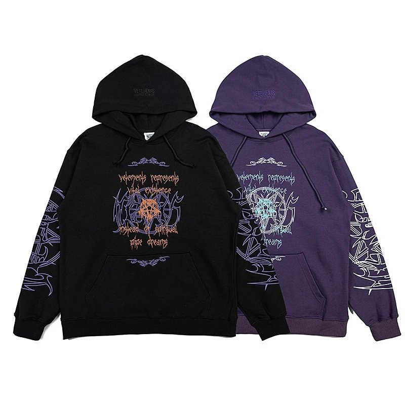 Vetements Vital Existence Graphic Streetwear Hoodie Black and Purple