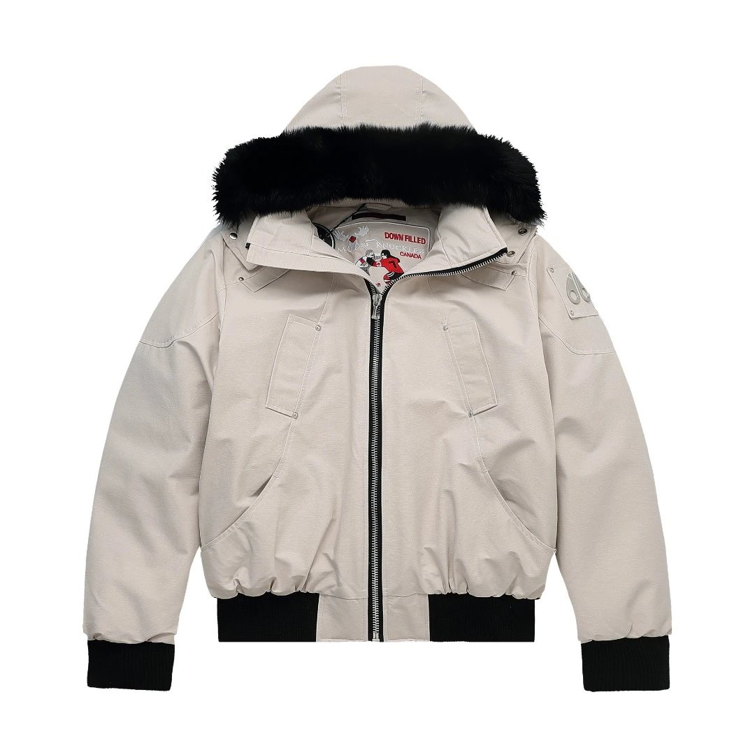 Moose Knuckles Stirling Bomber Fur Hooded Down Jacket Beige