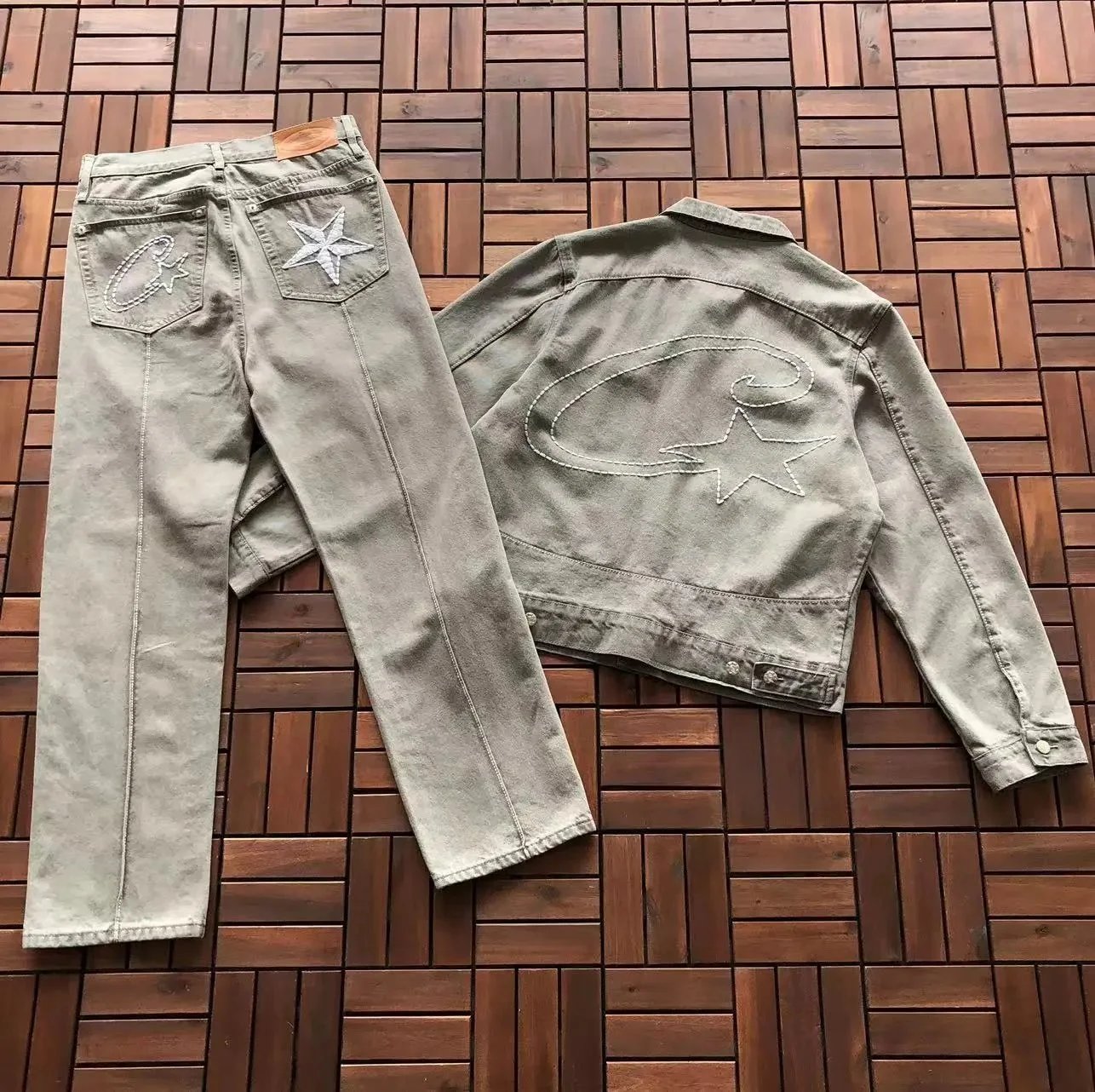 Corteiz CRTZ Star Denim Matching Set Streetwear Jacket and Jeans Olive