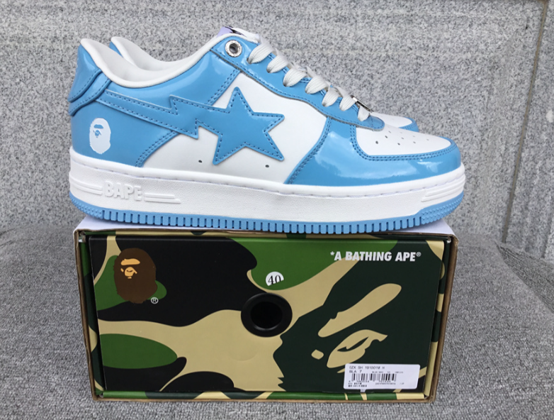 A Bathing Ape BAPE Bapesta Low Patent Leather Sneakers Light Blue and White