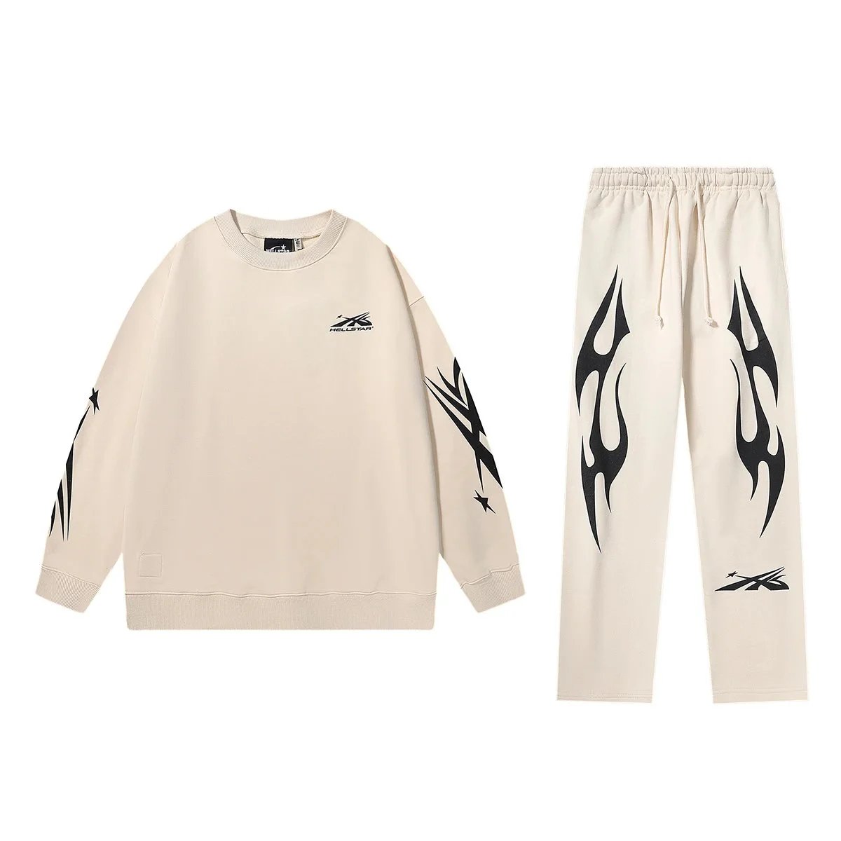 Hellstar Flame Graphic Oversized Tracksuit Set Beige