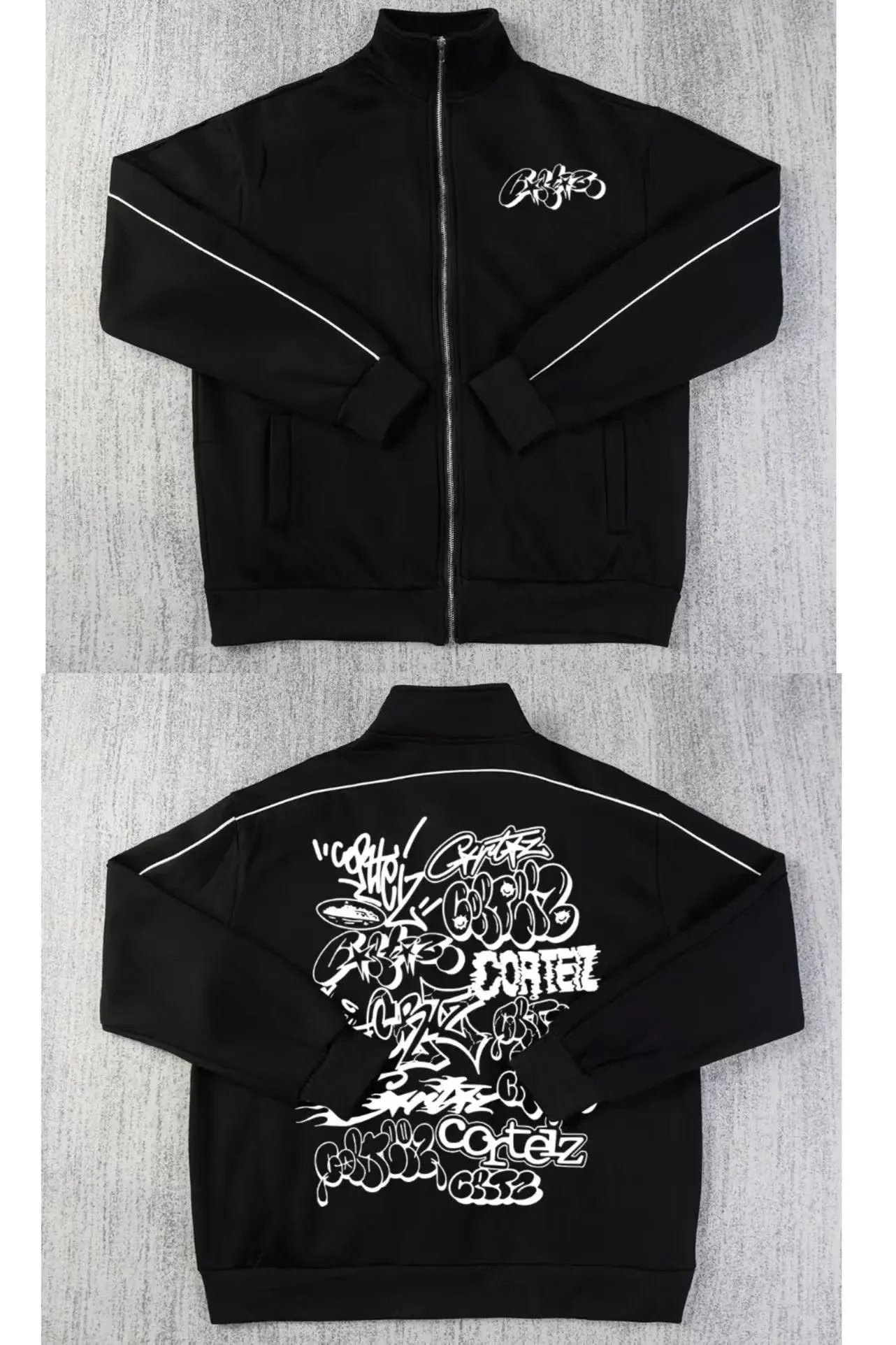 Corteiz Graffiti Print Streetwear Zip-Up Jacket Black
