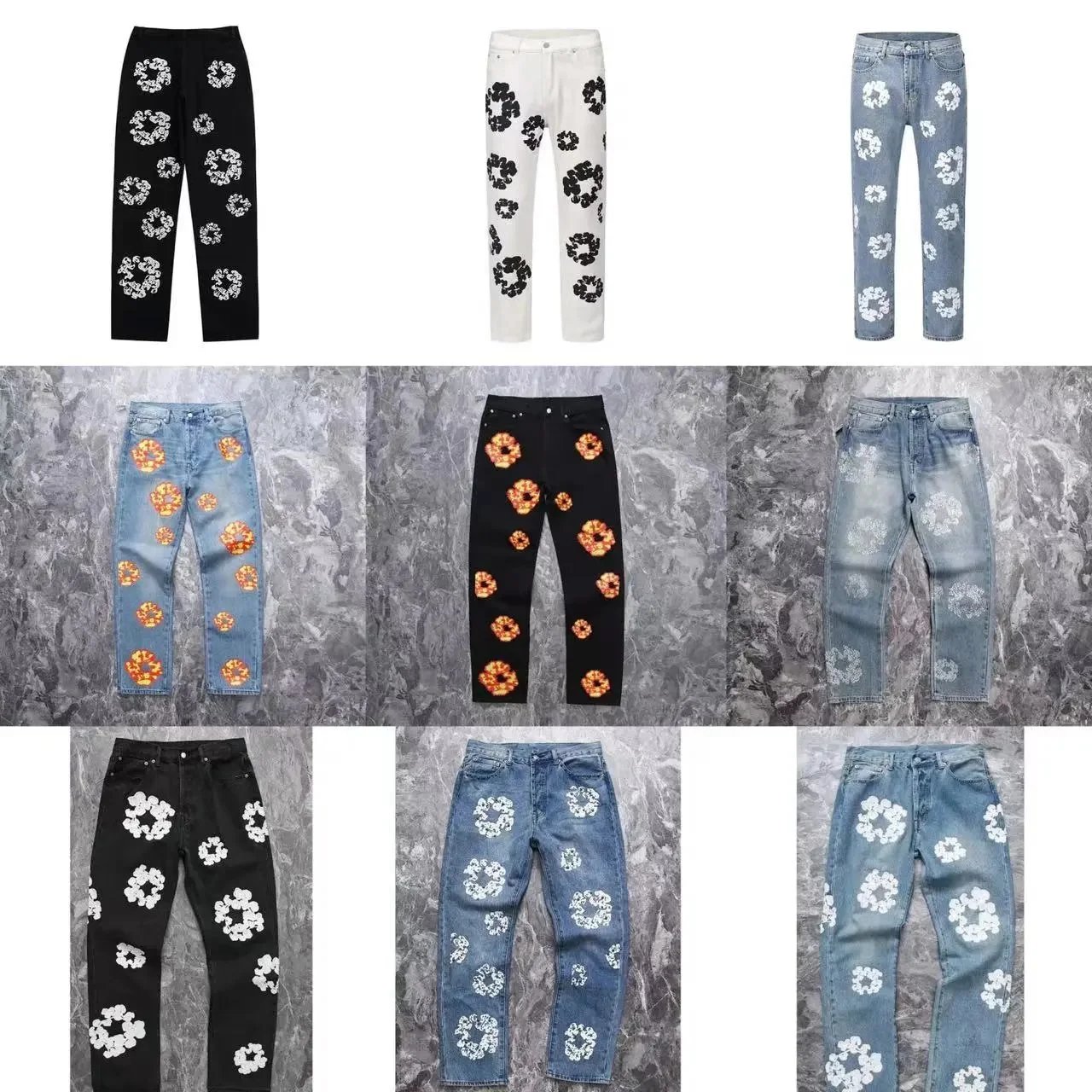 Design Floral Print Denim Jeans Streetwear Pants Multicolor