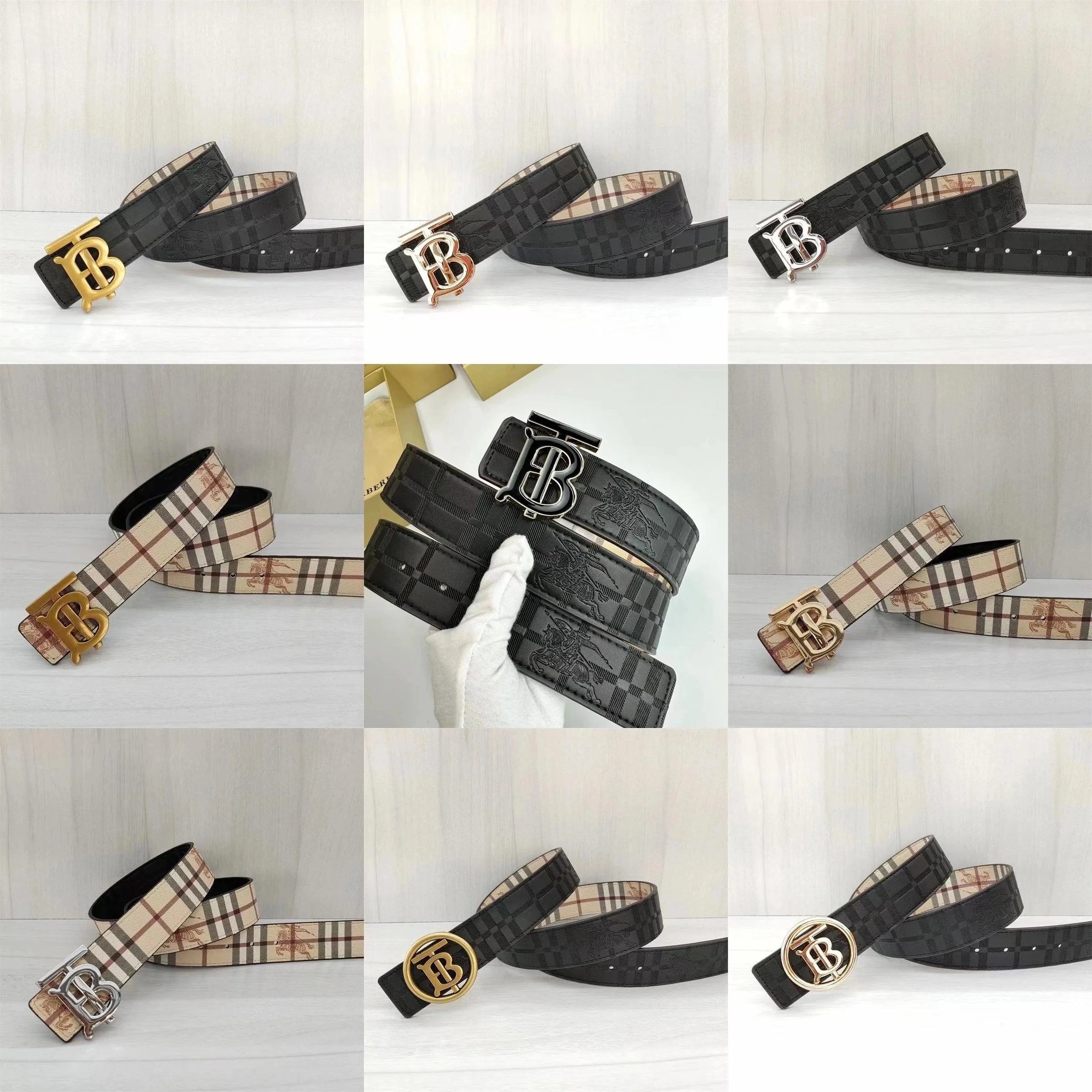 Burberry TB Monogram Leather Belt Classic Accessories Black and Beige