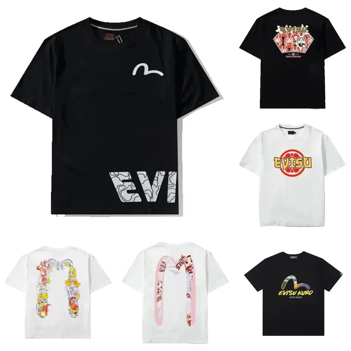 Evisu Graphic Print Cotton T-Shirt Black and White