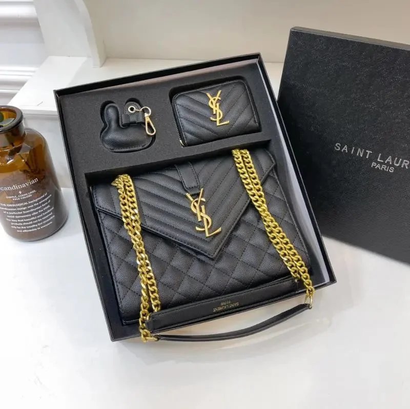 Saint Laurent YSL Envelope Quilted Leather Shoulder Bag Black