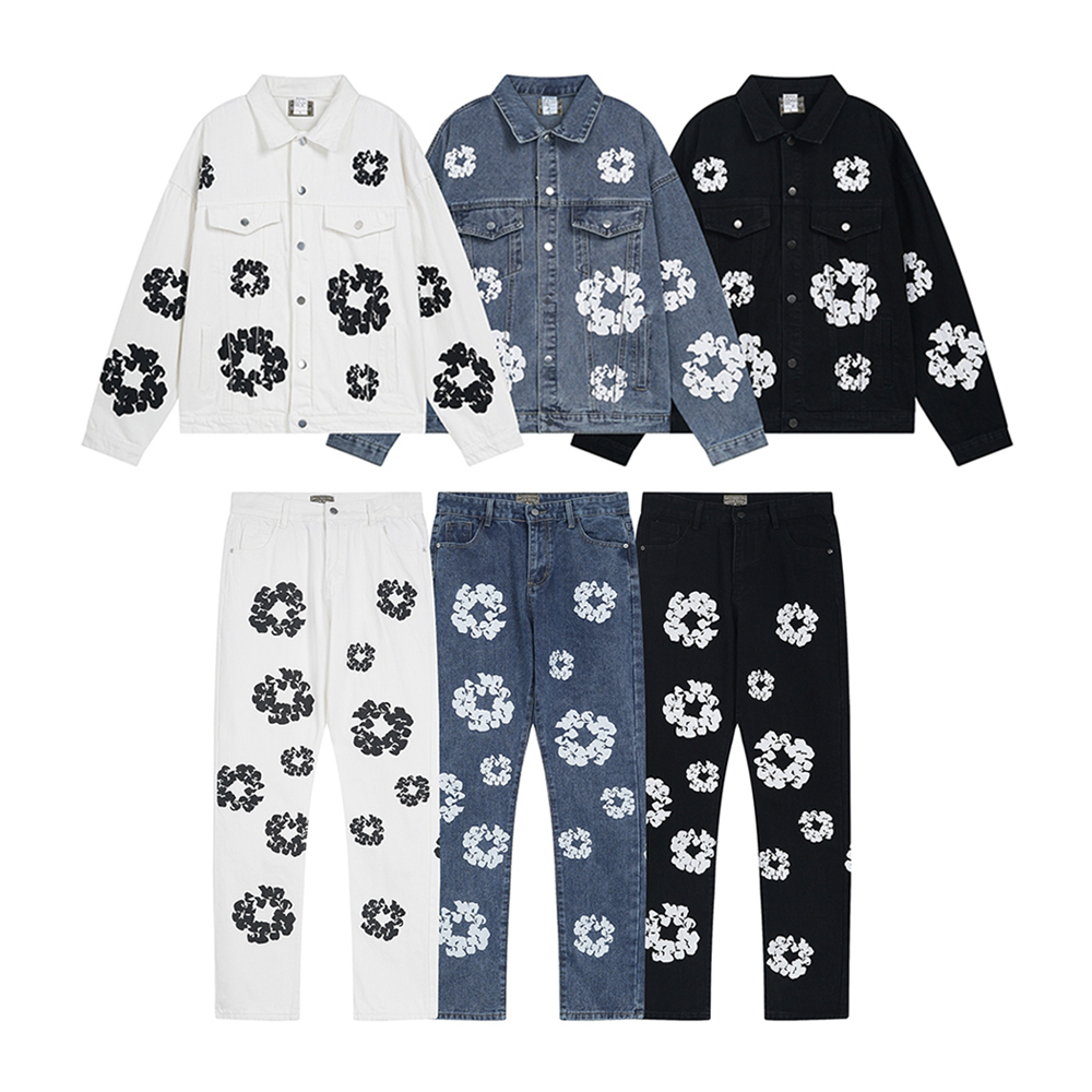 Design Floral Print Denim Jacket and Jeans Set Multicolor
