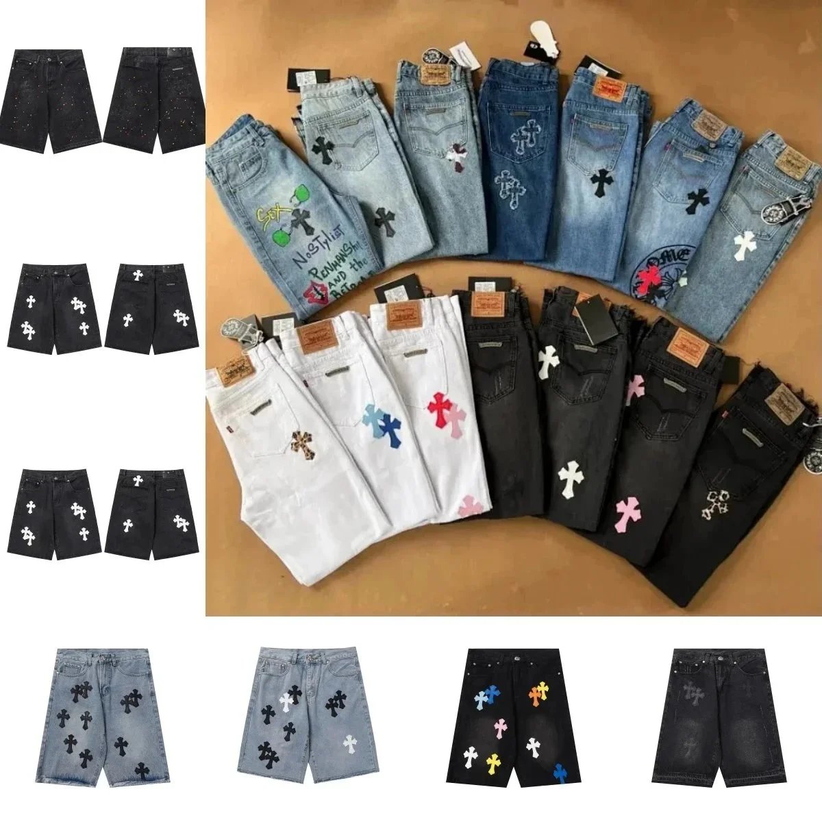 Chrome Hearts Cross Patch Denim Jeans and Shorts Collection Multicolor