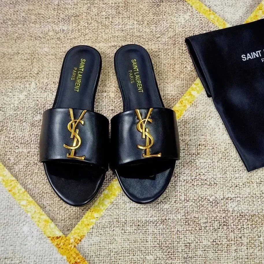 Saint Laurent YSL Cassandra Leather Slides Black