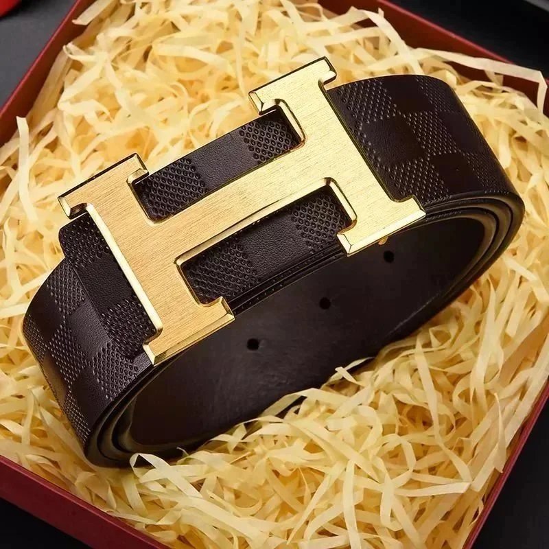 Design H-Buckle Check Pattern Belt Brown