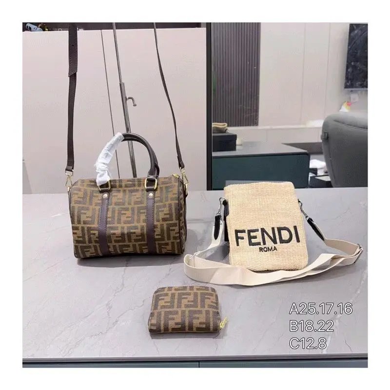 Fendi Zucca Monogram and Roma Raffia Classic Handbag Set Brown and Beige
