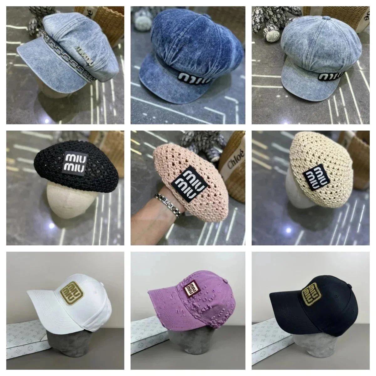 Miu Miu Casual Denim and Crochet Headwear Collection Multicolor
