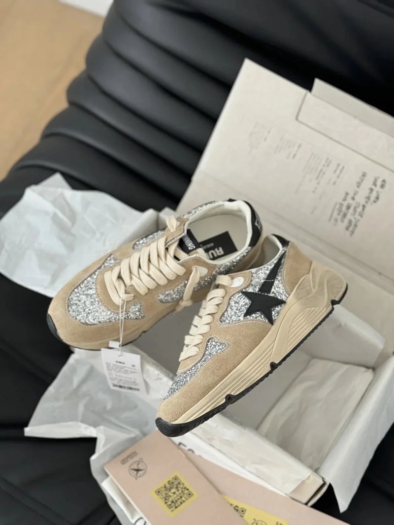 Golden Goose GGDB Running Sole Chunky Sneakers Beige and Silver