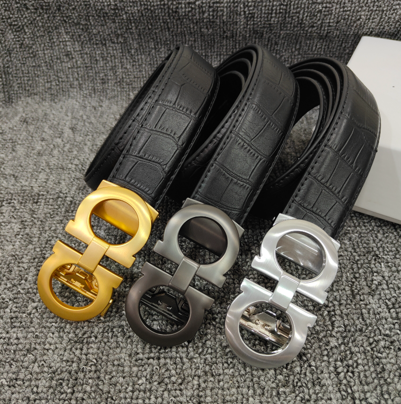 Salvatore Ferragamo Gancini Buckle Crocodile Embossed Leather Belt Black