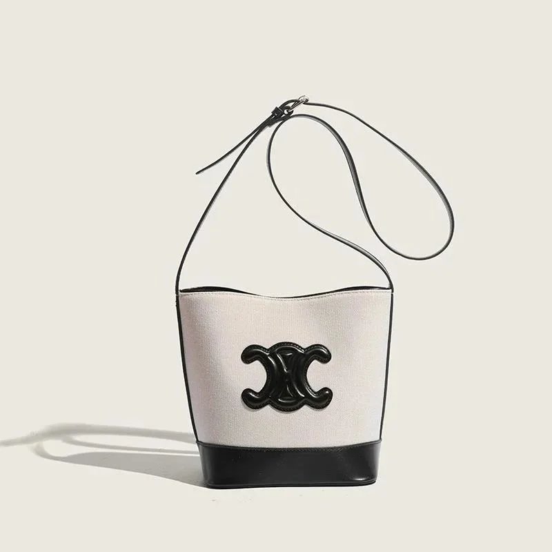 Celine Triomphe Bucket Bag Canvas Shoulder Bag White and Black