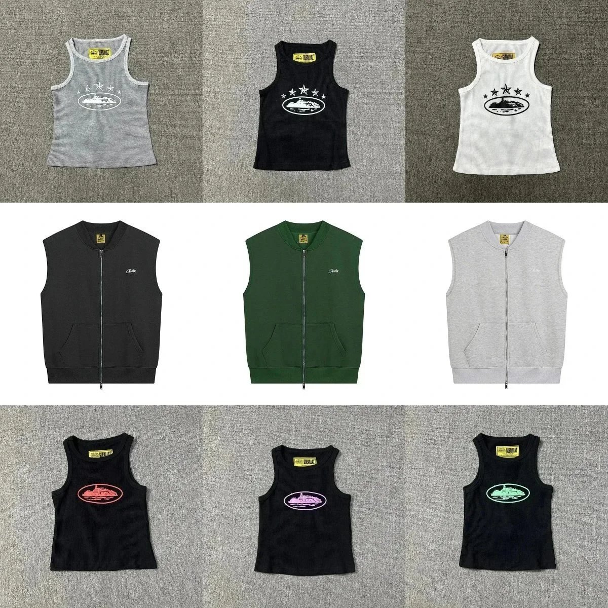 Corteiz Graphic Tank Top and Zip-Up Vest Streetwear Matching Set Multicolor