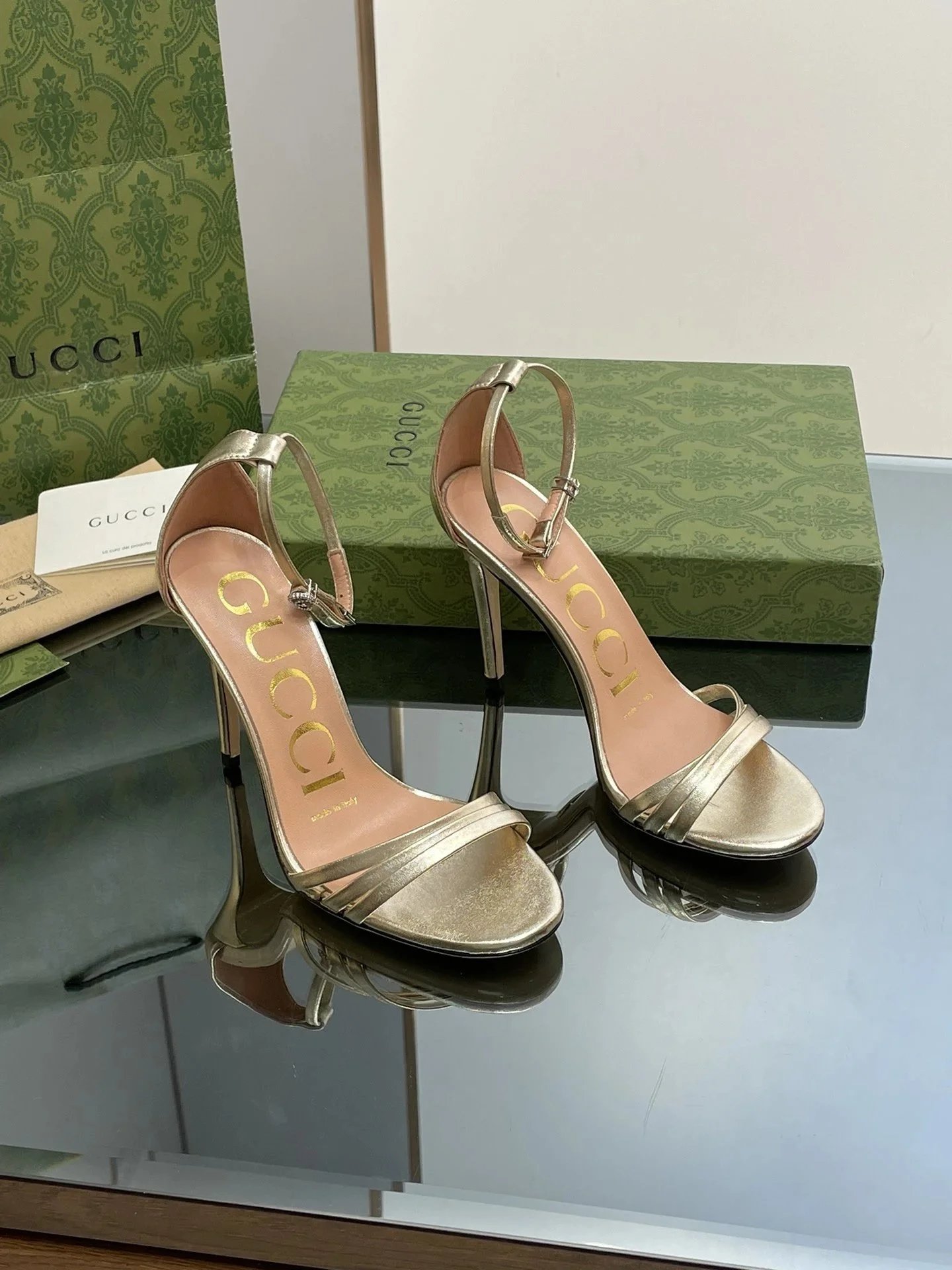 Gucci Metallic Leather Ankle Strap High Heels Gold