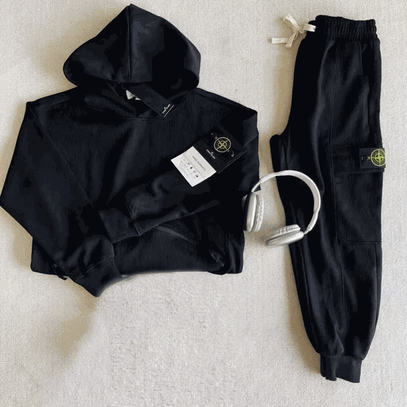 Stone Island Ribbed Cotton Casual Tracksuit Set Black