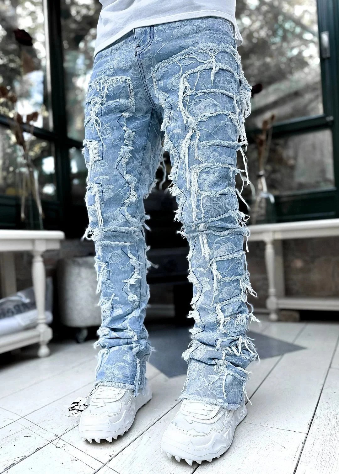 Design Distressed Floral Denim Jeans Stacked Streetwear Pants Light Blue