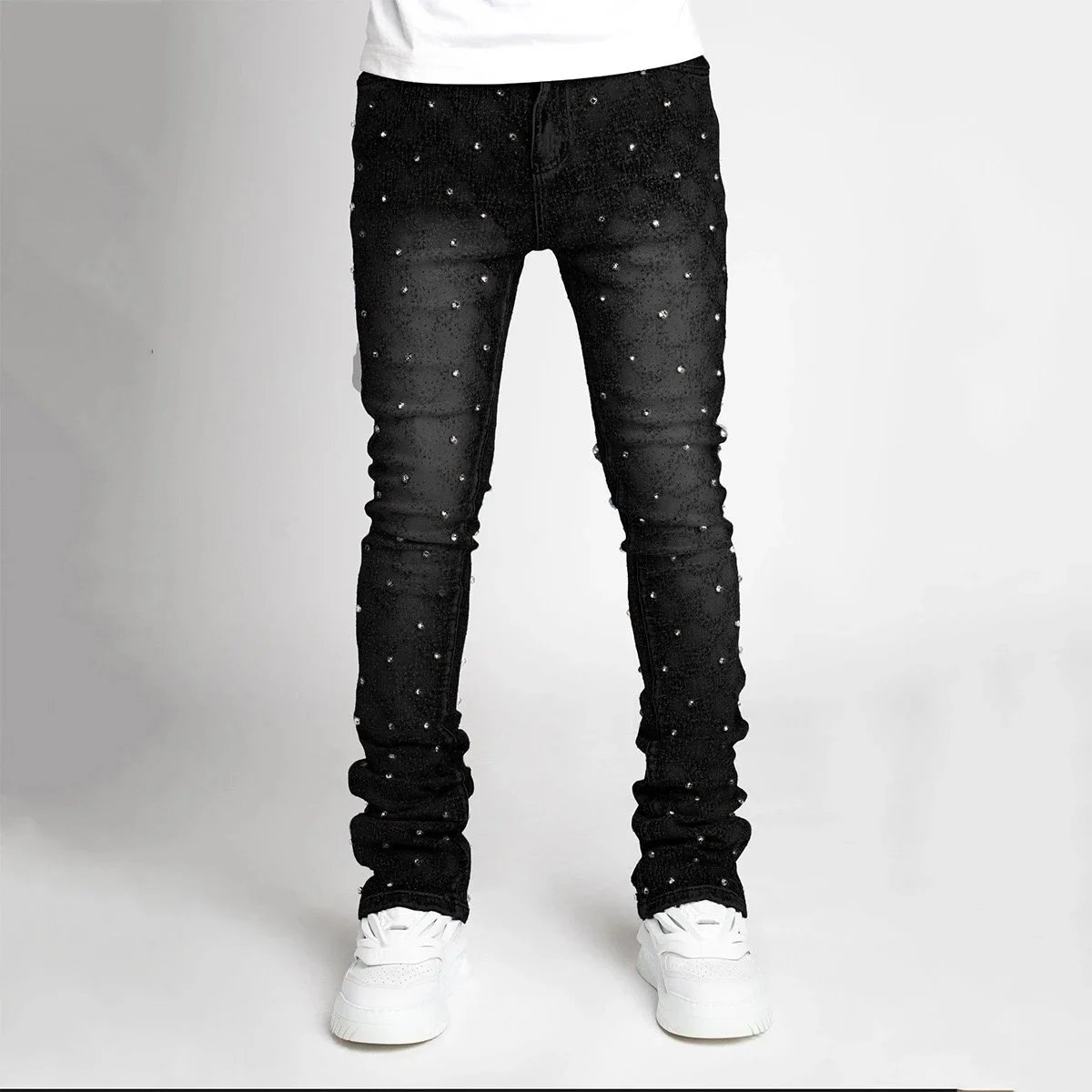Design Rhinestone Embellished Stacked Jeans Slim Fit Black