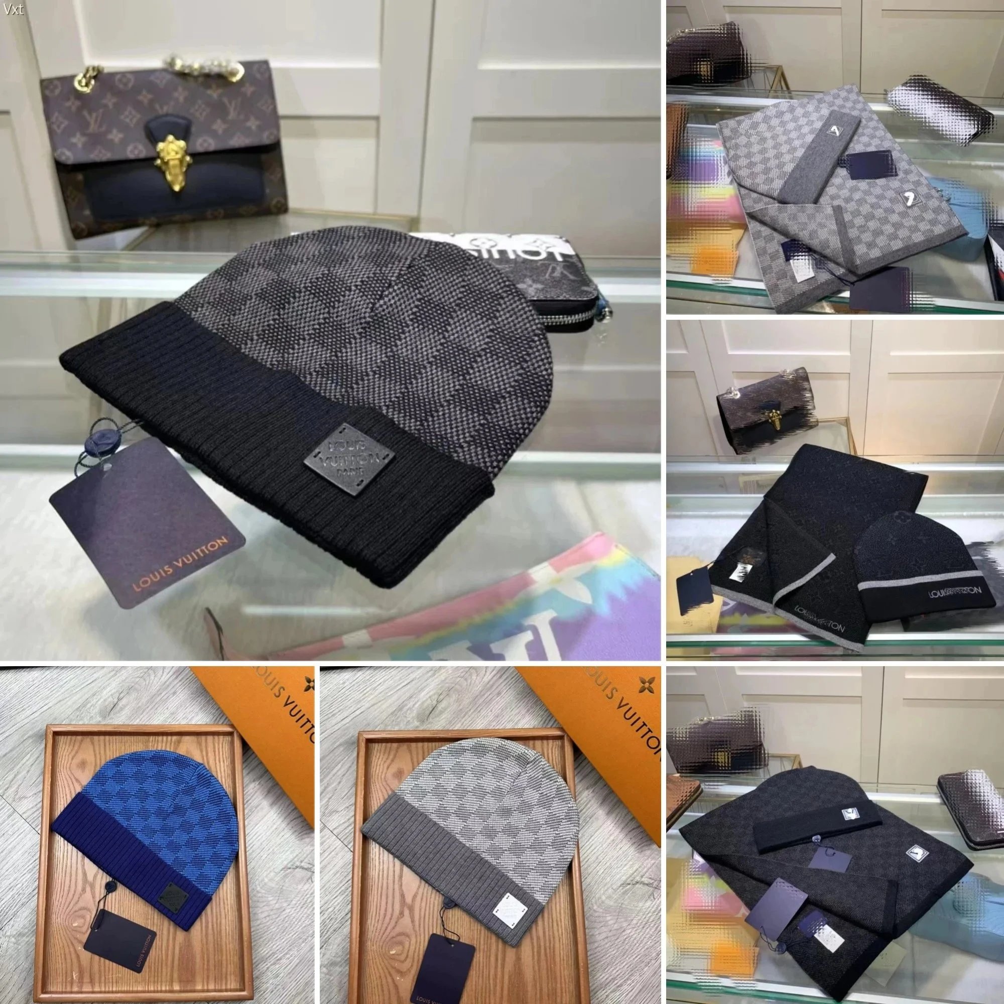Louis Vuitton LV Damier Beanie and Scarf Set Winter Accessories Gray