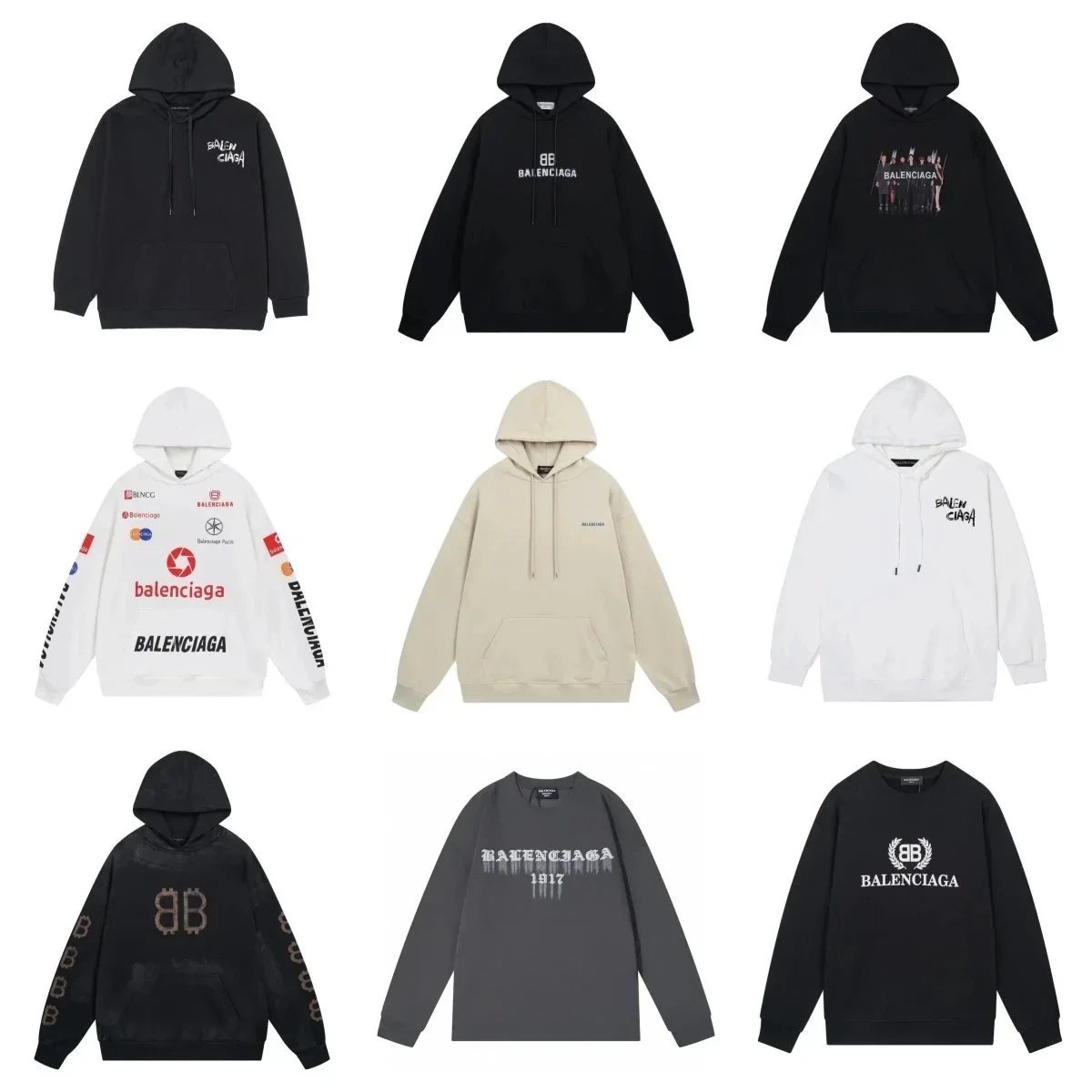 Balenciaga Graphic Print Oversized Hoodie and Sweatshirt Collection Black and White