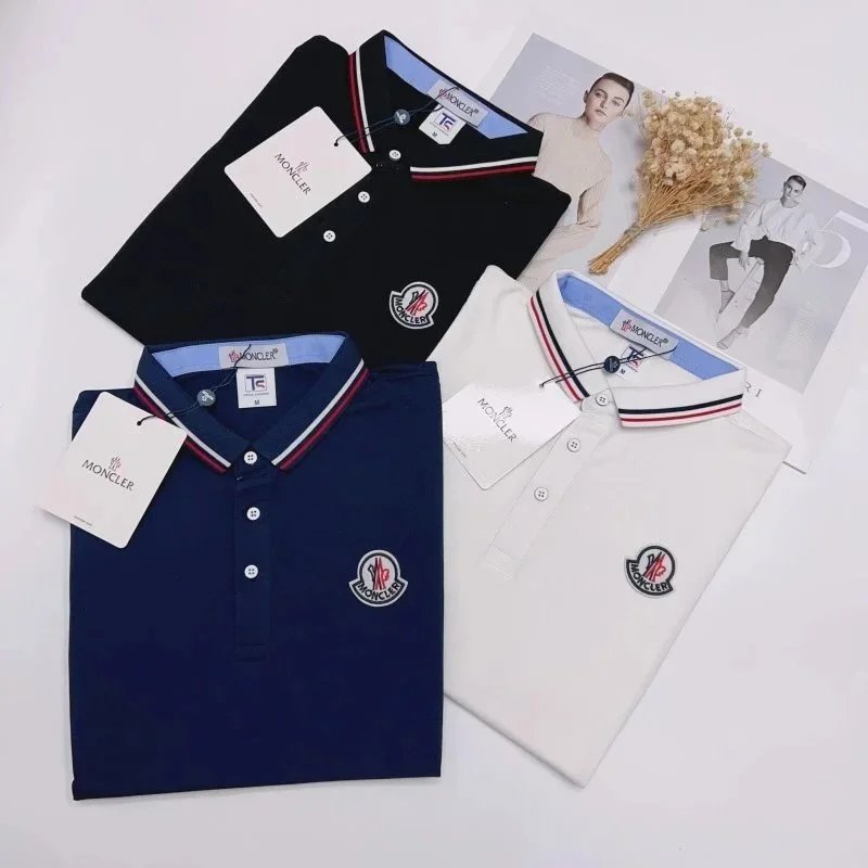 Moncler Striped Collar Cotton Polo Shirt Black White and Navy