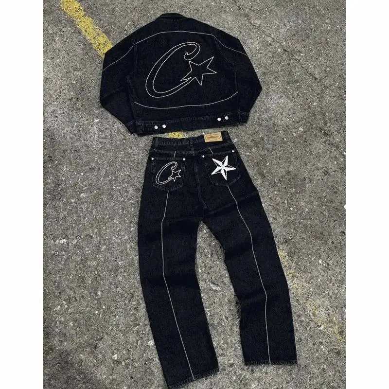 Corteiz Star Denim Streetwear Matching Set Black