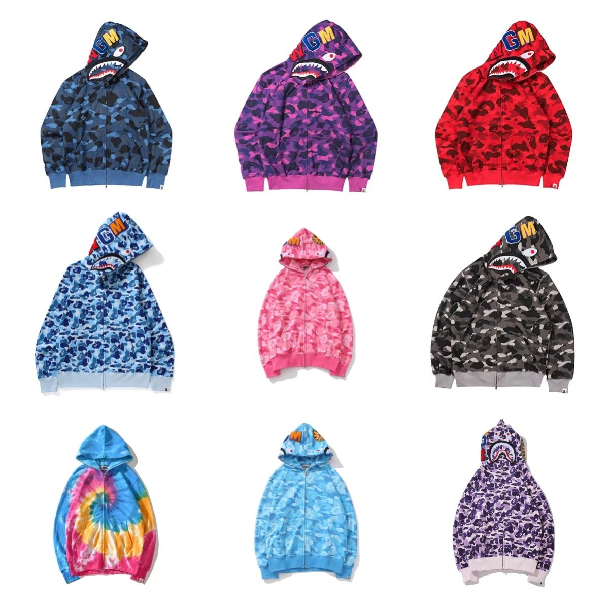 A Bathing Ape BAPE Shark Full Zip Camo Streetwear Hoodie Multicolor