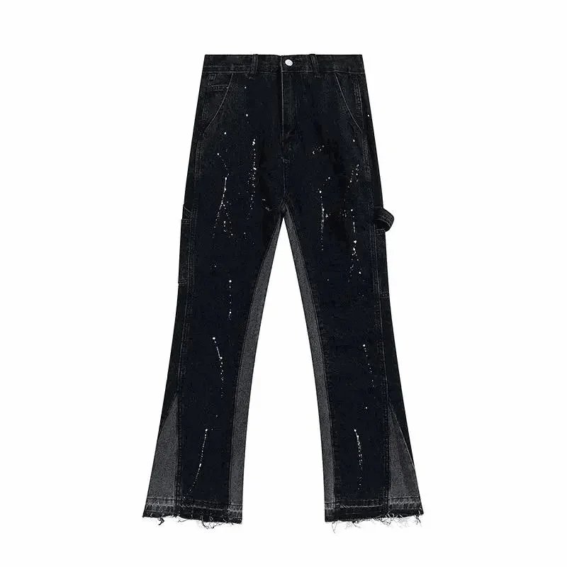 Design Paint Splatter Distressed Wide Leg Jeans Black