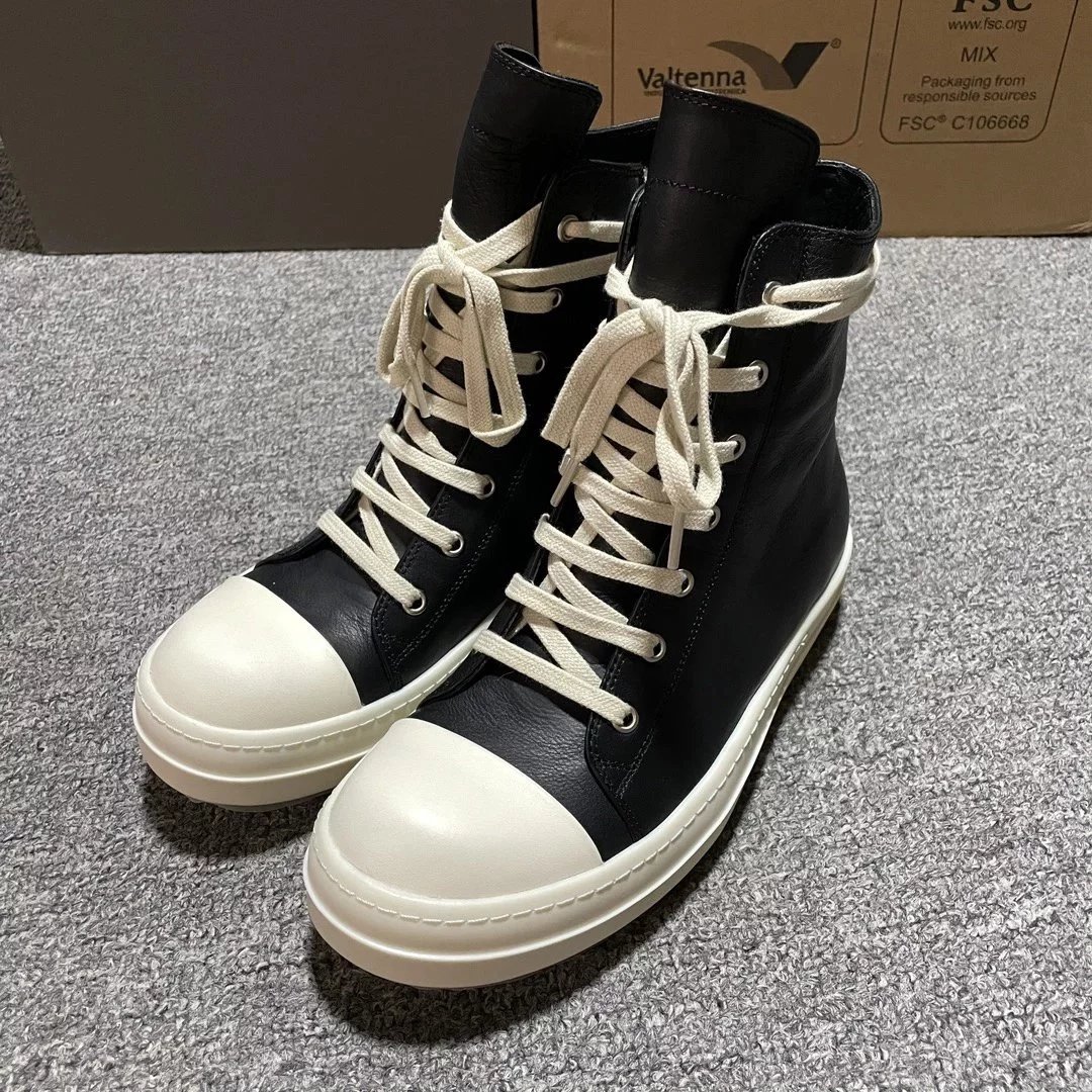 Rick Owens Ramones High Top Leather Sneakers Black and White