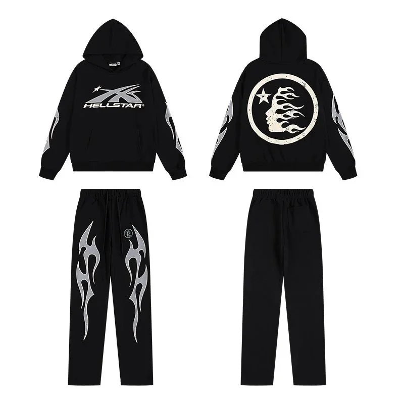 Hellstar Flame Graphic Streetwear Tracksuit Set Black
