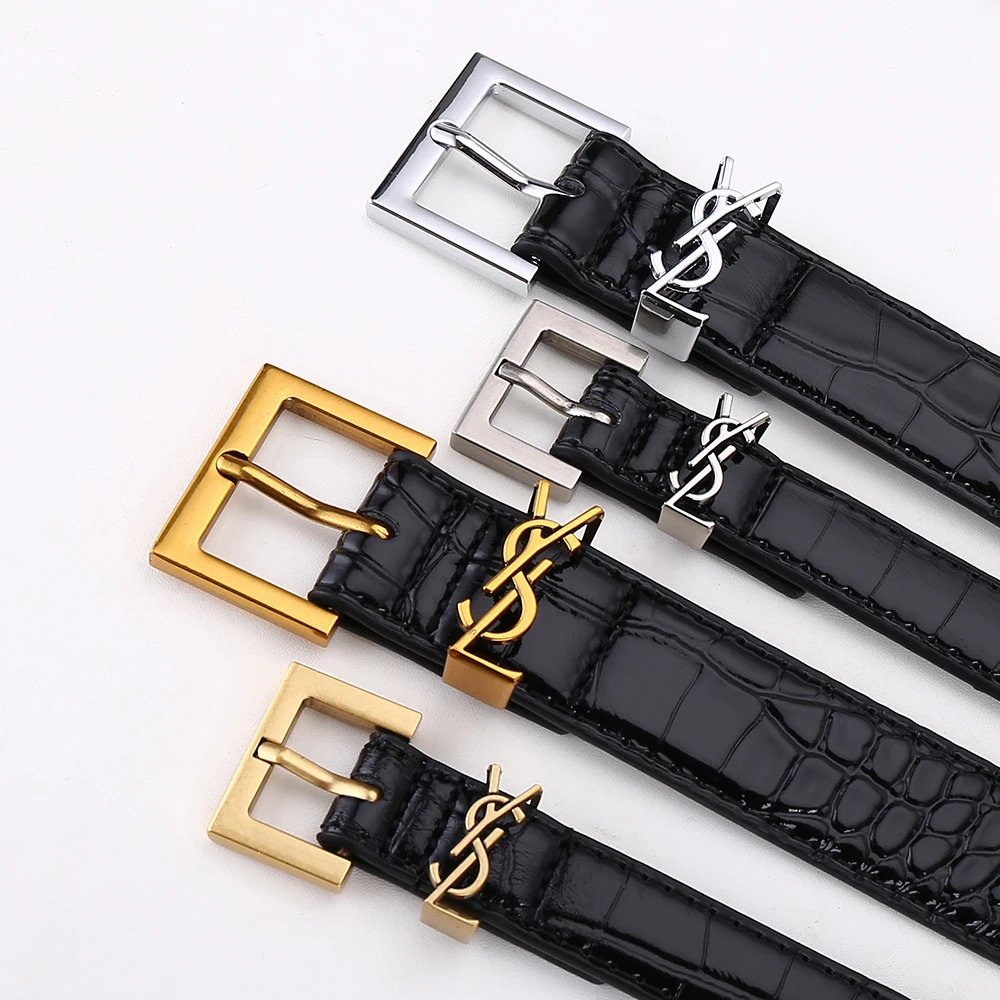 Yves Saint Laurent YSL Monogram Crocodile Embossed Leather Belt Black
