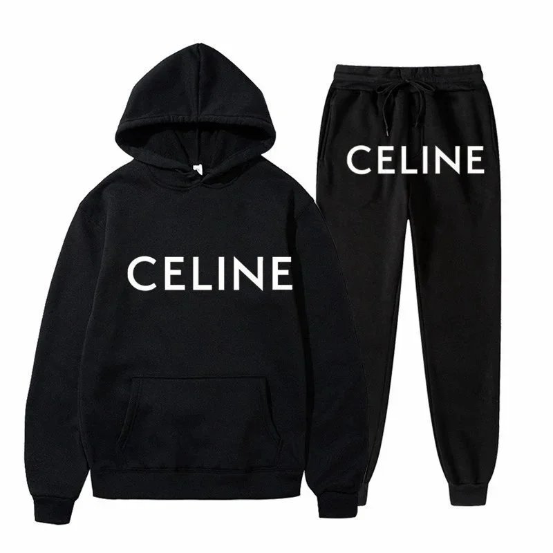 Celine Graphic Print Cotton Tracksuit Set Black
