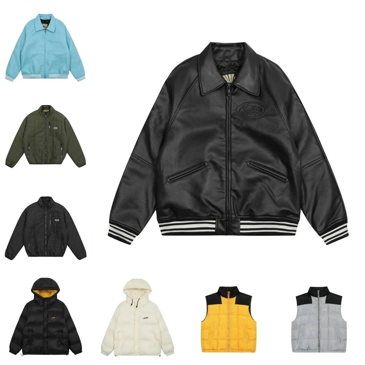 Corteiz Leather Jacket Streetwear Bomber Jacket Black