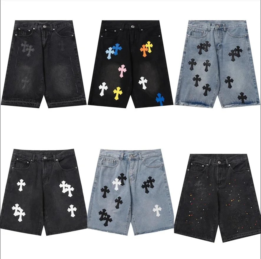 Chrome Hearts Cross Patch Denim Shorts Streetwear Casual Shorts Multicolor