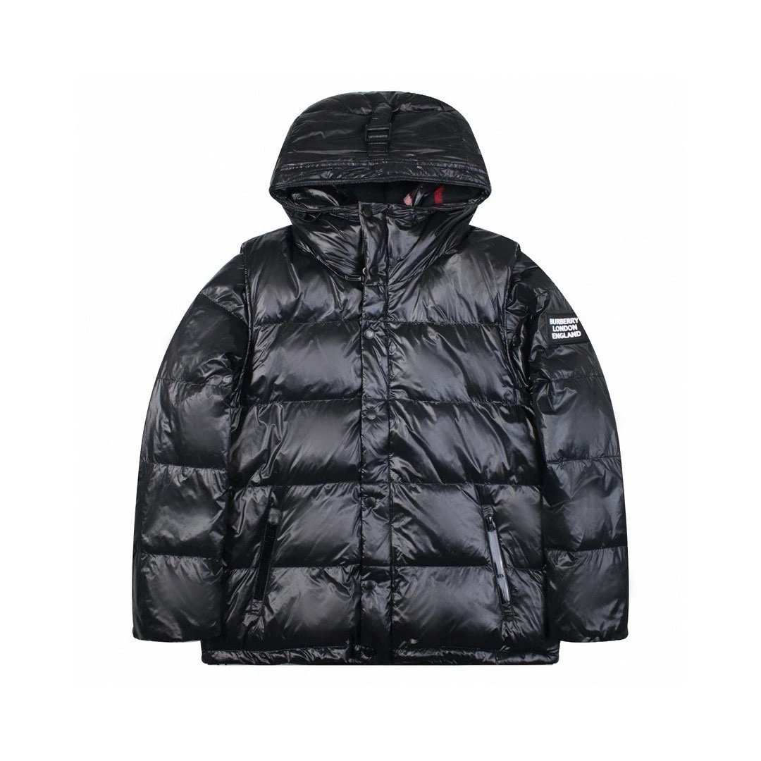 Burberry Down Puffer Jacket Shiny Hooded Winter Coat Black